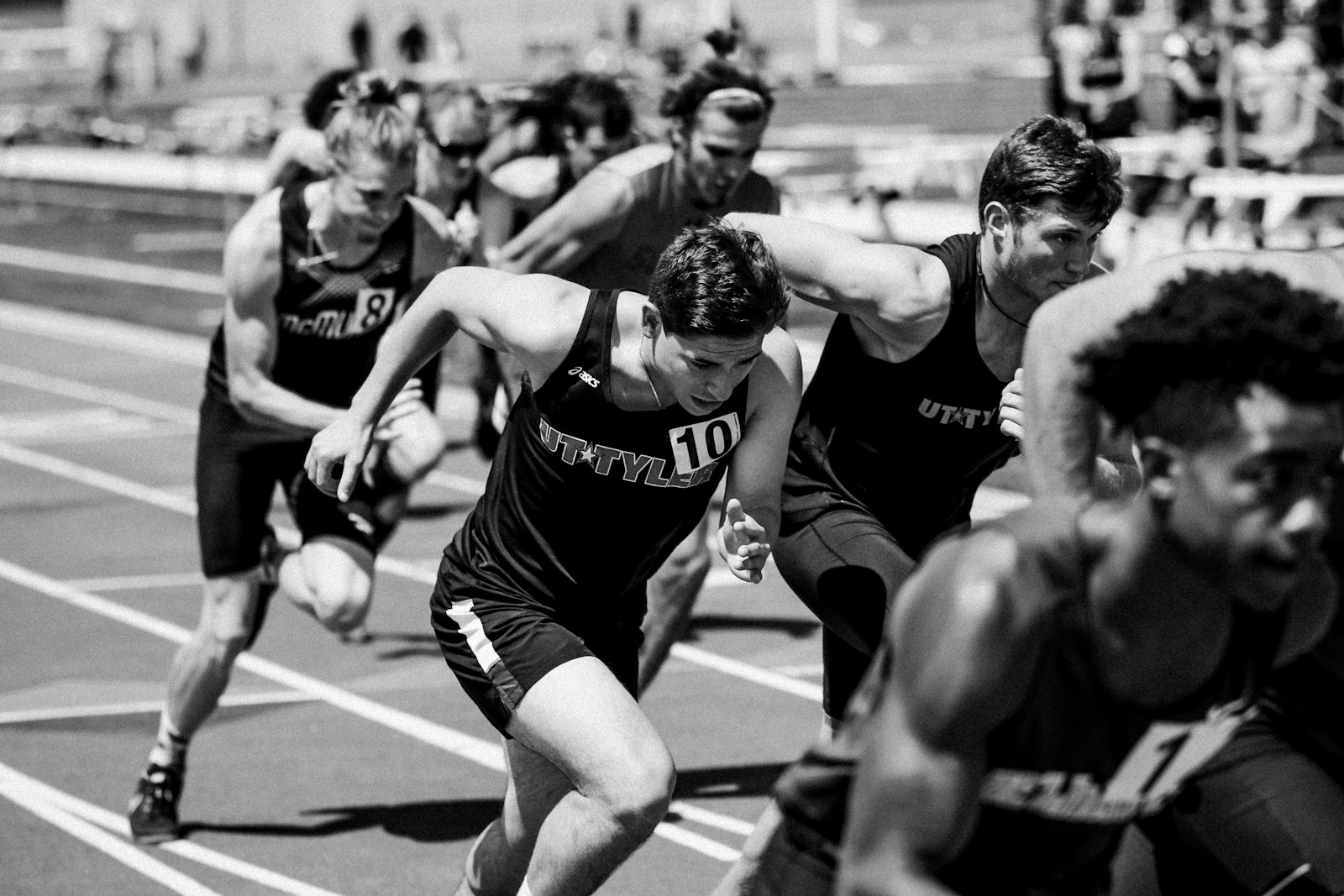 Sprinter driving out of the blocks on a track